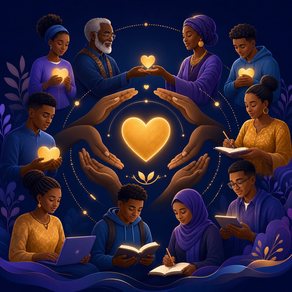 A diverse community of African donors and students connected in a circle of support